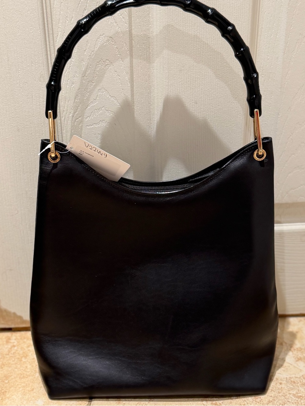 Vintage Gucci Bamboo Leather Tote Hobo Bag Black Gold Hardware EUC - Picture 2 of 13